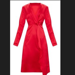 Red Satin Long Sleeve wrap Midi Dress